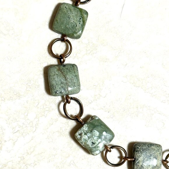 2/$20 Dark Green Serpentine Geometric Bracelet, Genuine Gemstone + Copper Links - Picture 3 of 11